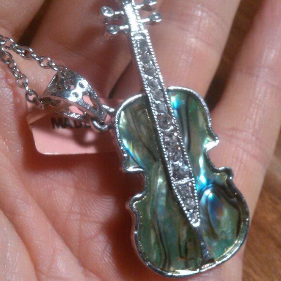 Abalone and White Crystal Silvertone Pendant Stainless Steel Necklace - Picture 4 of 9